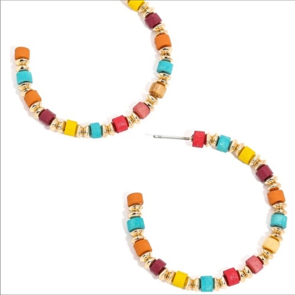 Moroccan Beaded Gold Metallic Hoop Earrings - Picture 2 of 3